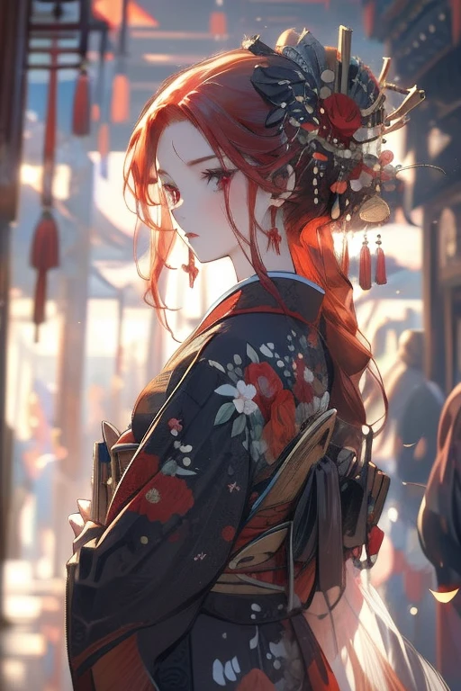 Perfect face. Perfect hands. A red haired woman with a red eyes and an hourglass figure in a kimono is holding a bouquet of roses in the shrine
