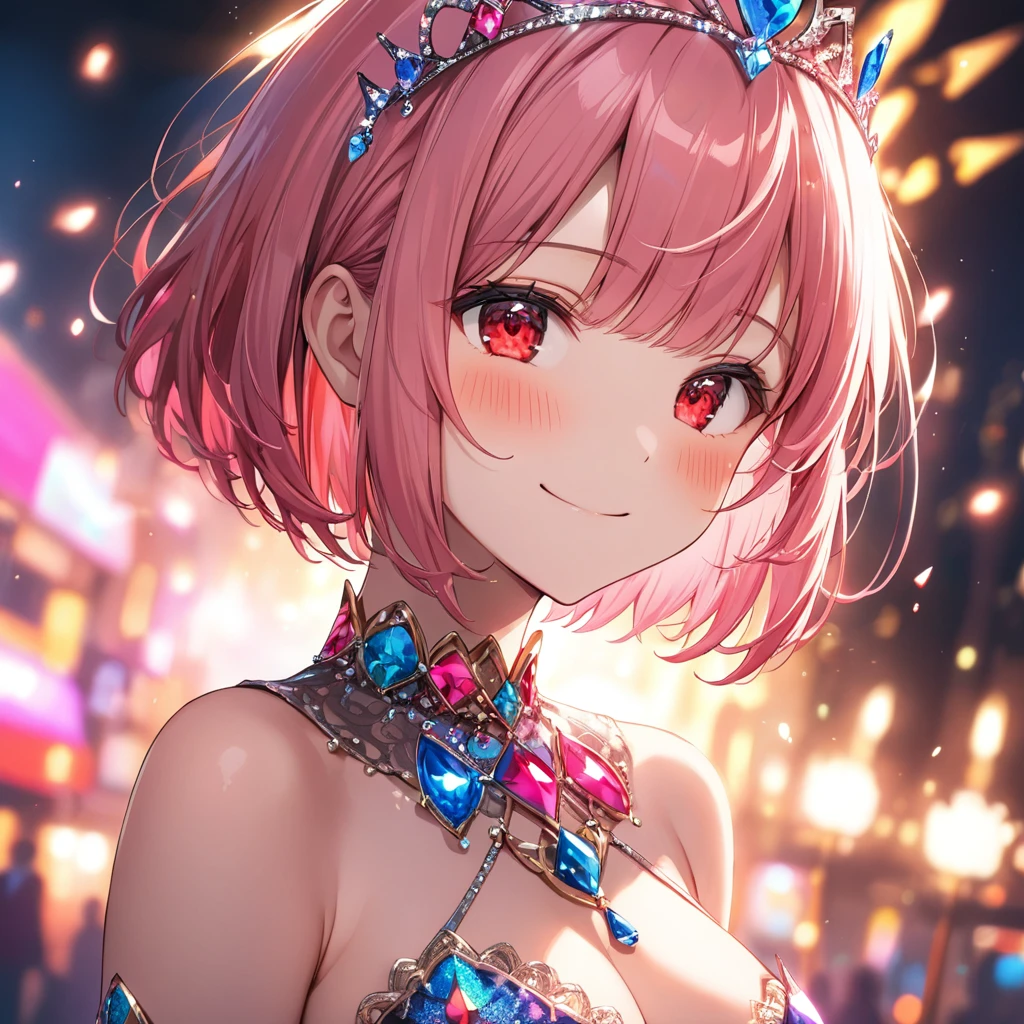 vibrant colors, female, masterpiece, sharp focus, best quality, depth of field, cinematic lighting, breasts, red eyes, jewelry, pink hair, smile, tiara, short hair, bangs, medium breasts, blush,