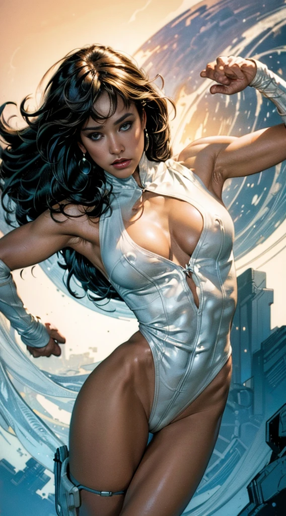 Mayara Rodrigues as a beautiful woman wearing a white scifi bodysuit artstyle by Adam Hughes, masterpiece, perfect pose, high quality, fine lines, thin strokes, ink painting style, soft colors, flowing brushstrokes, low angle