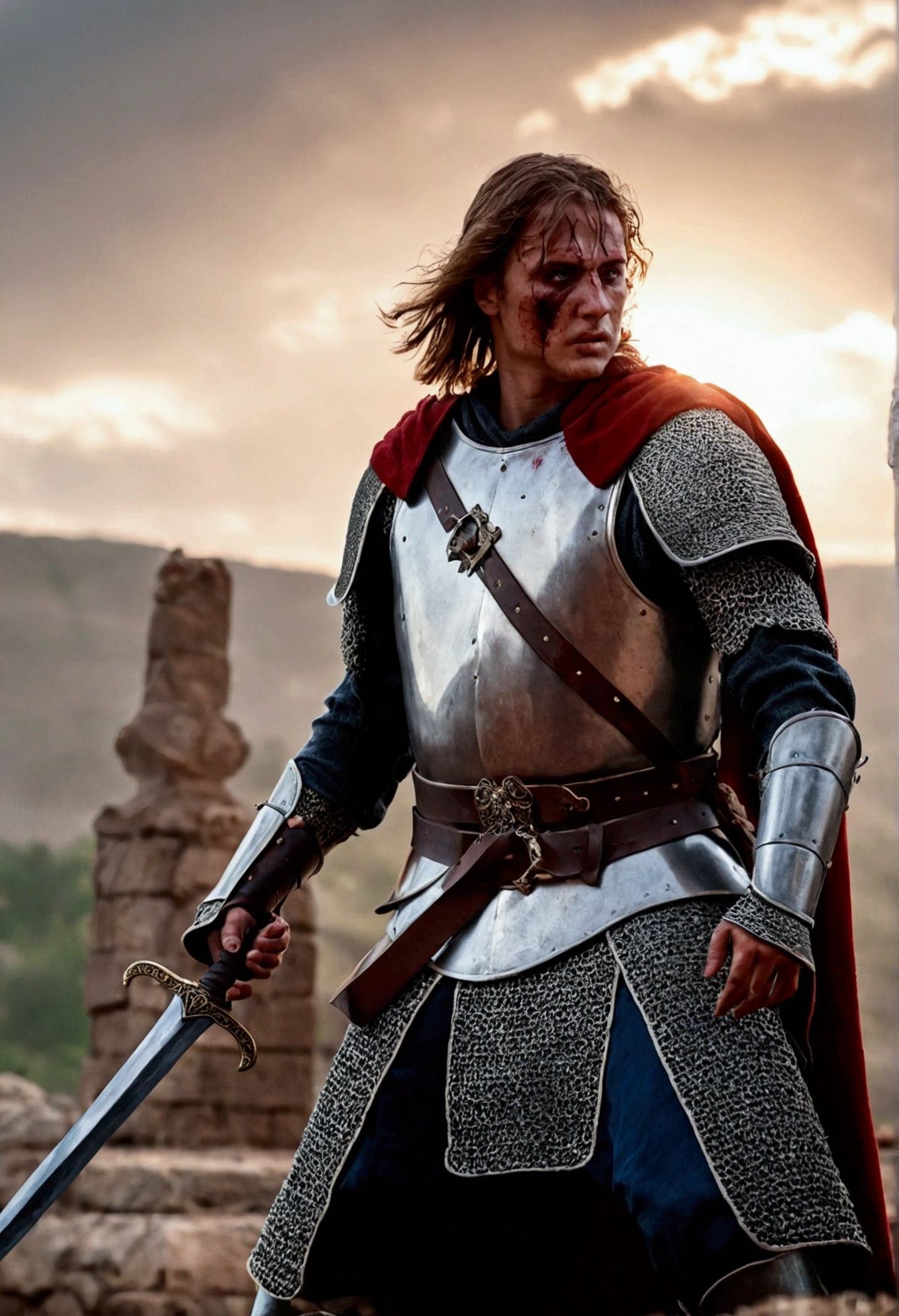 medievel warrior in the battle- holding bloody sword- zoom out- battle ground