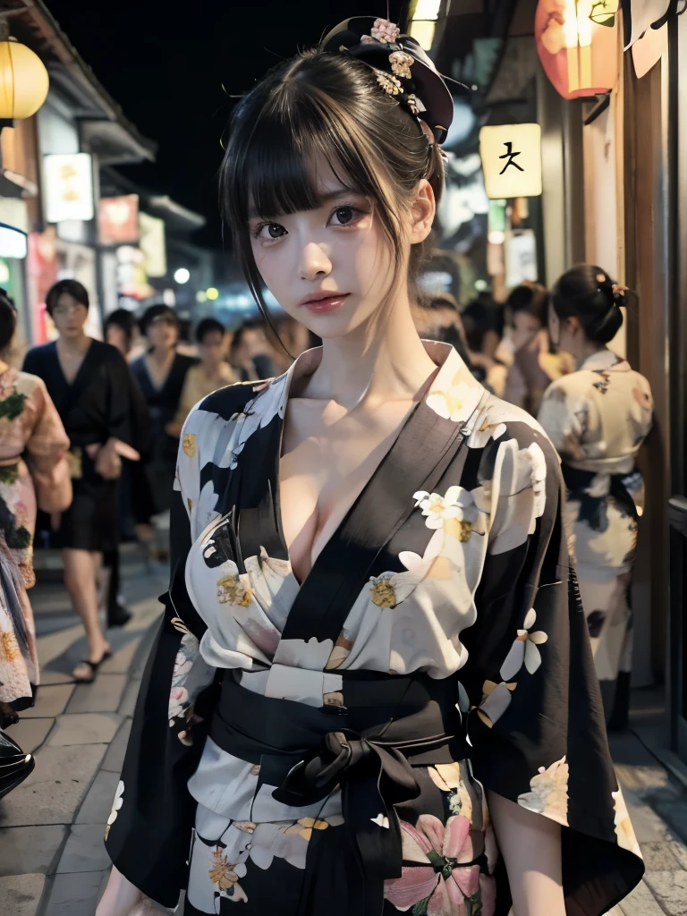 raw photo, 8k, (top-quality), Realistic, (real picture, Intricate details), (natural skin texture, detailed skin, hyper realism, sharpness), (pale skin:1.5), Japanese  girl walking in shopping street at night, exposing cleavage, (sexy floral black yukata:1.5), slender body, bun hairstyle, blunt bangs, night time