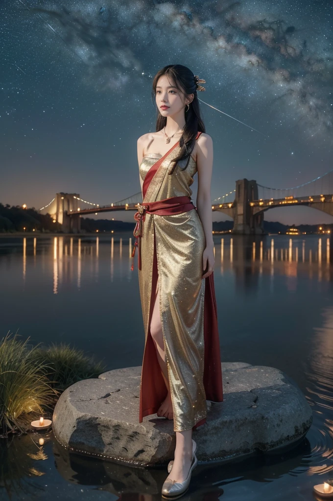 (((best quality))),(((ultra detailed))),(((masterpiece))),illustration,((1 beautiful girl,solo)),(shoulder length straight hair:1.2),((earrings,necklace)),((slim,thin)),((small breasts,flat chest)),(gorgeous red Hanfu:1.5),(slender legs:1.2),(loafers:1.2),(standing:1.3),(arms behind back:1.5),(on the stone arch bridge:1.3),((starry sky,the Milky Way,horizon)),elegance, grace, sophisticated updo, delicate hairpins, twinkling stars, radiant smile, bright eyes, wonder, beauty of the night sky, intricate patterns, flowers, birds, vibrant colors, ethereal, enchanting, old bridge, weathered, sturdy, natural surroundings, serene, peaceful atmosphere, rippling water, stars, graceful silhouette, magic, tranquility, twinkling stars, mesmerizing canopy of light, cool air, crisp, faint scent of blooming flowers, contemplation, admiration, ancient China, timeless, rich culture, traditions, captivating, enchanting atmosphere, myth, legend,((from front,full body))