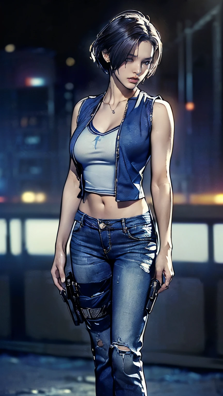 (A woman),(whole body:1.5),(front:1.5),(((Jill Valentine standing:1,5))),((Blue vest:1.5)),((Dirty jeans:1.5)),(Black Tactical Holster:1.2),((White sneakers:1.5)),rest((anger:1.5)),(short hair:1.5),(Dirty face:1.5),(beautiful eyes:1.3),(Very detailedな顔:1.5),((Very detailedな女性の手の描画:1.5)),((muscular:1.5)),((Sexy appearance:1.5)),(Beautiful Body:1.5),(Very sensual:1.5),rest(The background is an American night city:1.5),((resident evil style:1.5)),(((Blurred Background:1.5))),(Written border depth:1.5),rest(((masterpiece:1.5),(best quality:1.5),(Very detailed:1.5),(high resolution:1.5),(Practical:1.5),(Reality:1.5),(Delicate depiction),(Carefully drawn))),8K,wallpaper