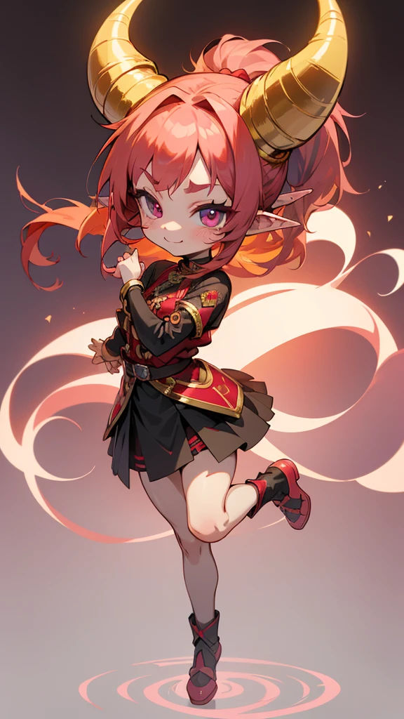 girl, full body, smile, thanks pose, ((cartoon style, chibi style)), cute, beautiful face, pink color eyes, beautiful eye, high detailed pupil, double eyelid, high detailed skin, high quality skin, (red color hair), ponytail hairstyle, long hair, bangs, professional lighting, masterpiece, (horns), simetris golden horns, elf ears