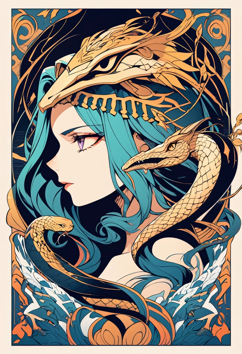 A charming and powerful illustration of Medusa in profile, Greek mythology with snake head, vector illustration