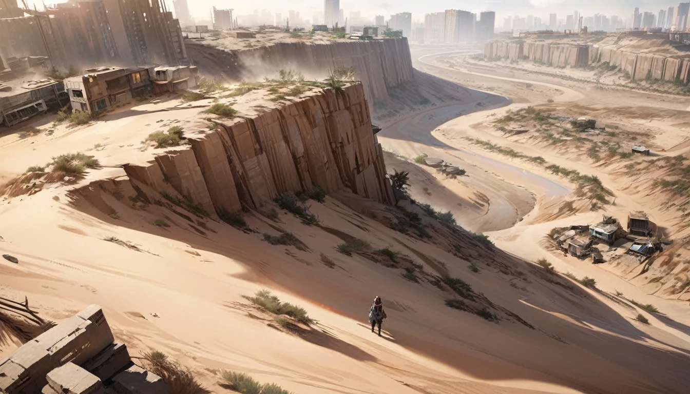 Overlooking the camera, desertification in big cities, wasteland elements, best quality, realistic, game CG