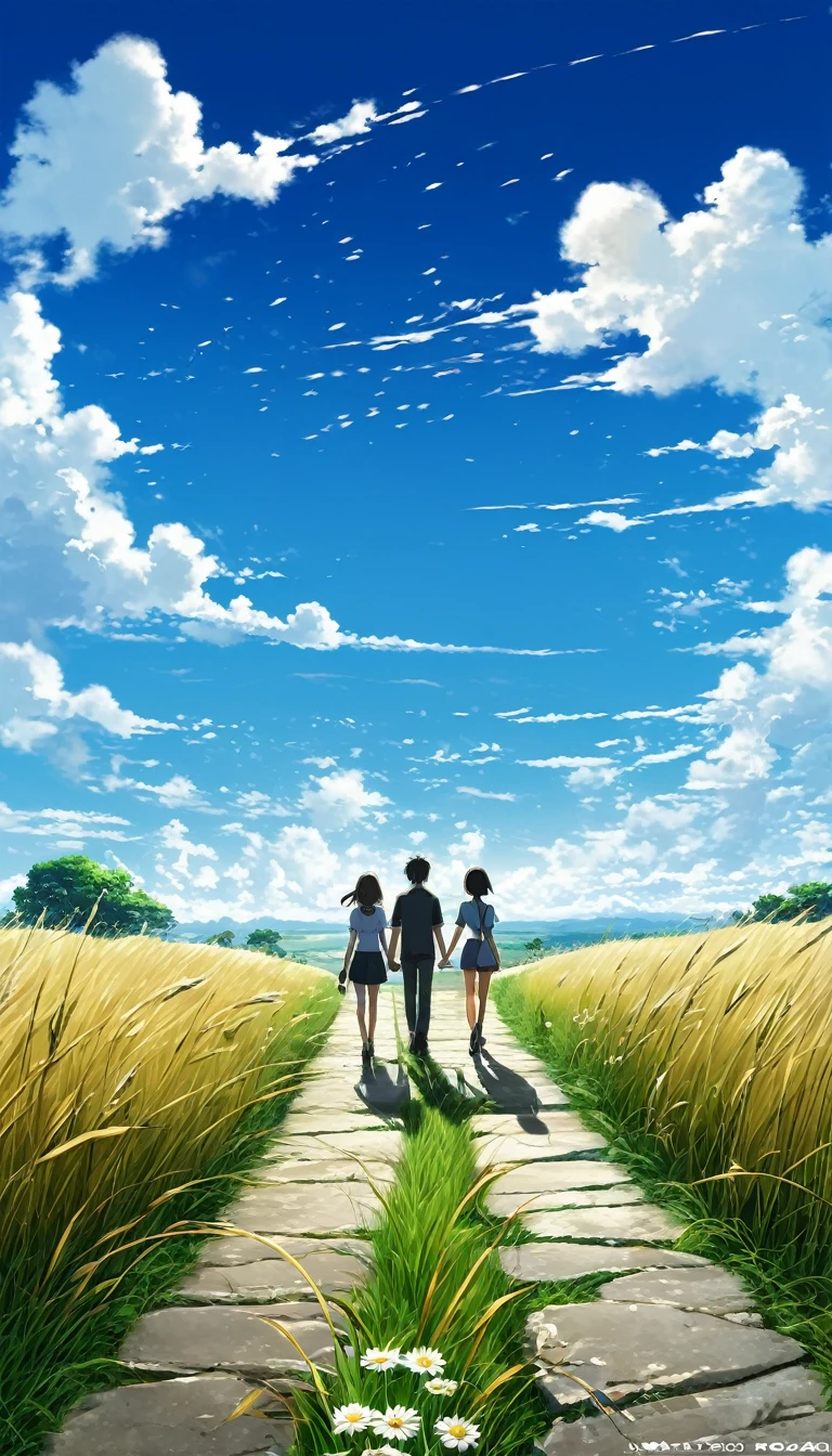 two young couples walking while holding hands through a camco with hier and daisy flowers, seeing a vast blue sky with fluffy clouds and brush strokes , tall grasses stones, , makoto shinkai cyril rolando, anime art wallpaper 4k, anime art wallpaper 4k, animated background, anime art wallpaper 8K, animated background art, Anime Landscape Wallpaper, amazing wallpaper, HD wallpaper, 4k anime wallpaper, 4k anime wallpaper.