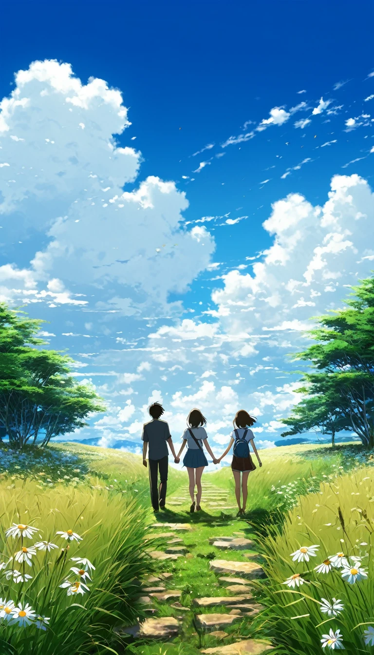 two young couples walking while holding hands through a camco with hier and daisy flowers, seeing a vast blue sky with fluffy clouds and brush strokes , tall grasses stones, , makoto shinkai cyril rolando, anime art wallpaper 4k, anime art wallpaper 4k, animated background, anime art wallpaper 8K, animated background art, Anime Landscape Wallpaper, amazing wallpaper, HD wallpaper, 4k anime wallpaper, 4k anime wallpaper.