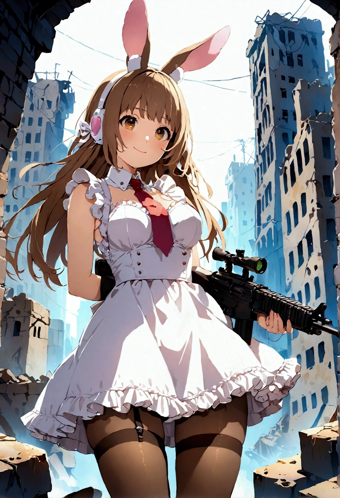 ((1girl)),  super fine illustration, vibrant colors, absurdres extremely detailed CG, 8k wallpaper, (masterpiece:1.3), dynamic angle, dynamic pose, 
best quality, depth of field, cinematic lighting, ultra detailed, brown long hair, very straight hair, large breast, white knit dress , 20yo, cute, very , brown eyes, kawaii, tender smile, droopy eyes, combat, pink leotad, white sci-fi bunny ear type headset, red necktie, pink maid uniform, white thighhighs pantyhose, aiming rifle, modern military rifle:1.4, ruin city, Post-apocalypse