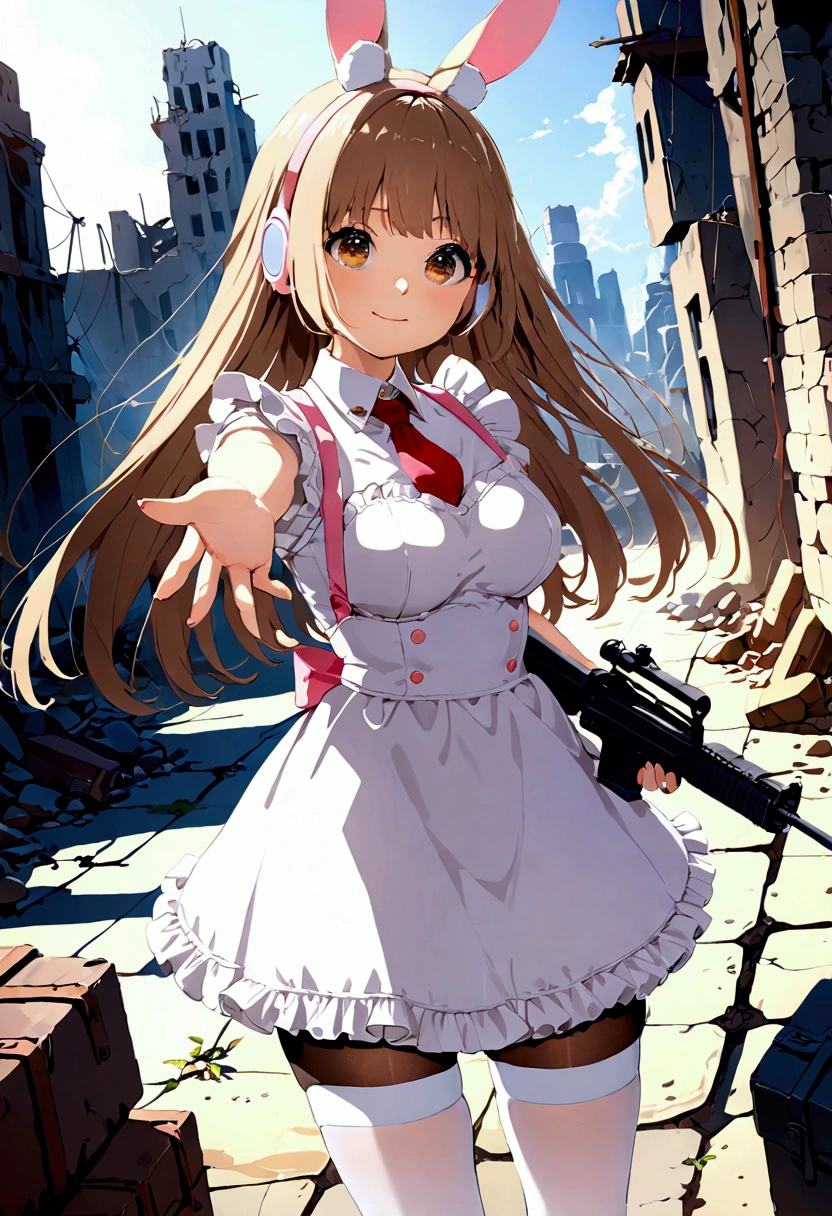 ((1girl)),  super fine illustration, vibrant colors, absurdres extremely detailed CG, 8k wallpaper, (masterpiece:1.3), dynamic angle, dynamic pose, 
best quality, depth of field, cinematic lighting, ultra detailed, brown long hair, very straight hair, large breast, white knit dress , 20yo, cute, very , brown eyes, kawaii, tender smile, droopy eyes, combat, pink leotad, white sci-fi bunny ear type headset, red necktie, pink maid uniform, white thighhighs pantyhose, aiming rifle, modern military rifle:1.4, ruin city, Post-apocalypse