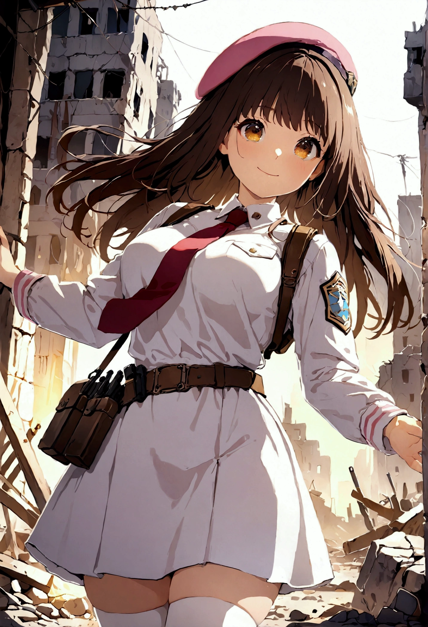 ((1girl)),  super fine illustration, vibrant colors, absurdres extremely detailed CG, 8k wallpaper, (masterpiece:1.3), dynamic angle, dynamic pose, 
best quality, depth of field, cinematic lighting, ultra detailed, brown long hair, very straight hair, large breast, white knit dress , 20yo, cute, very baby face, brown eyes, kawaii, tender smile, droopy eyes, combat, pink leotad, beret, pink hat, red necktie, pink military jacket, white thighhighs pantyhose, military belt, military pouch, modern military rifle, ruin city, Post-apocalypse