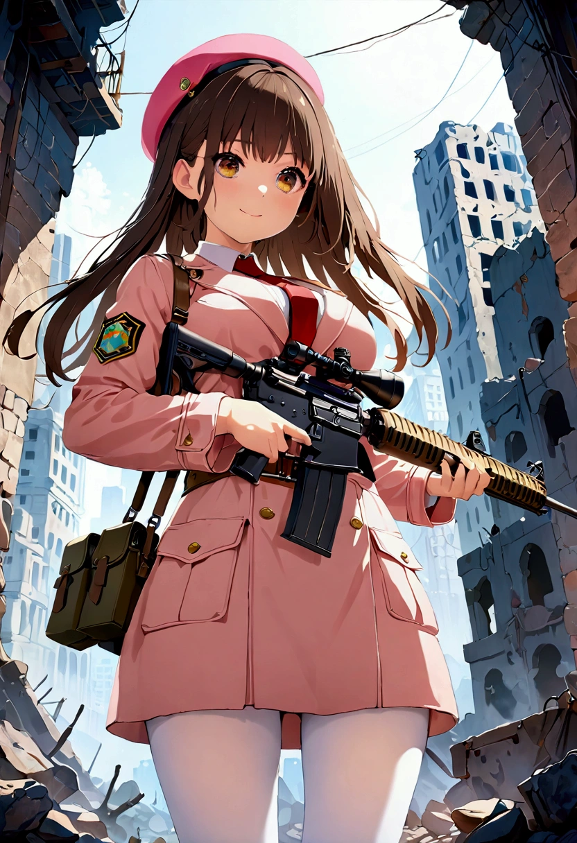 ((1girl)),  super fine illustration, vibrant colors, absurdres extremely detailed CG, 8k wallpaper, (masterpiece:1.3), dynamic angle, dynamic pose, 
best quality, depth of field, cinematic lighting, ultra detailed, brown long hair, very straight hair, large breast, white knit dress , 20yo, cute, very , brown eyes, kawaii, tender smile, droopy eyes, combat, pink leotad, beret, pink hat, red necktie, pink military jacket, white thighhighs pantyhose, military belt, military pouch, modern military rifle, ruin city, Post-apocalypse