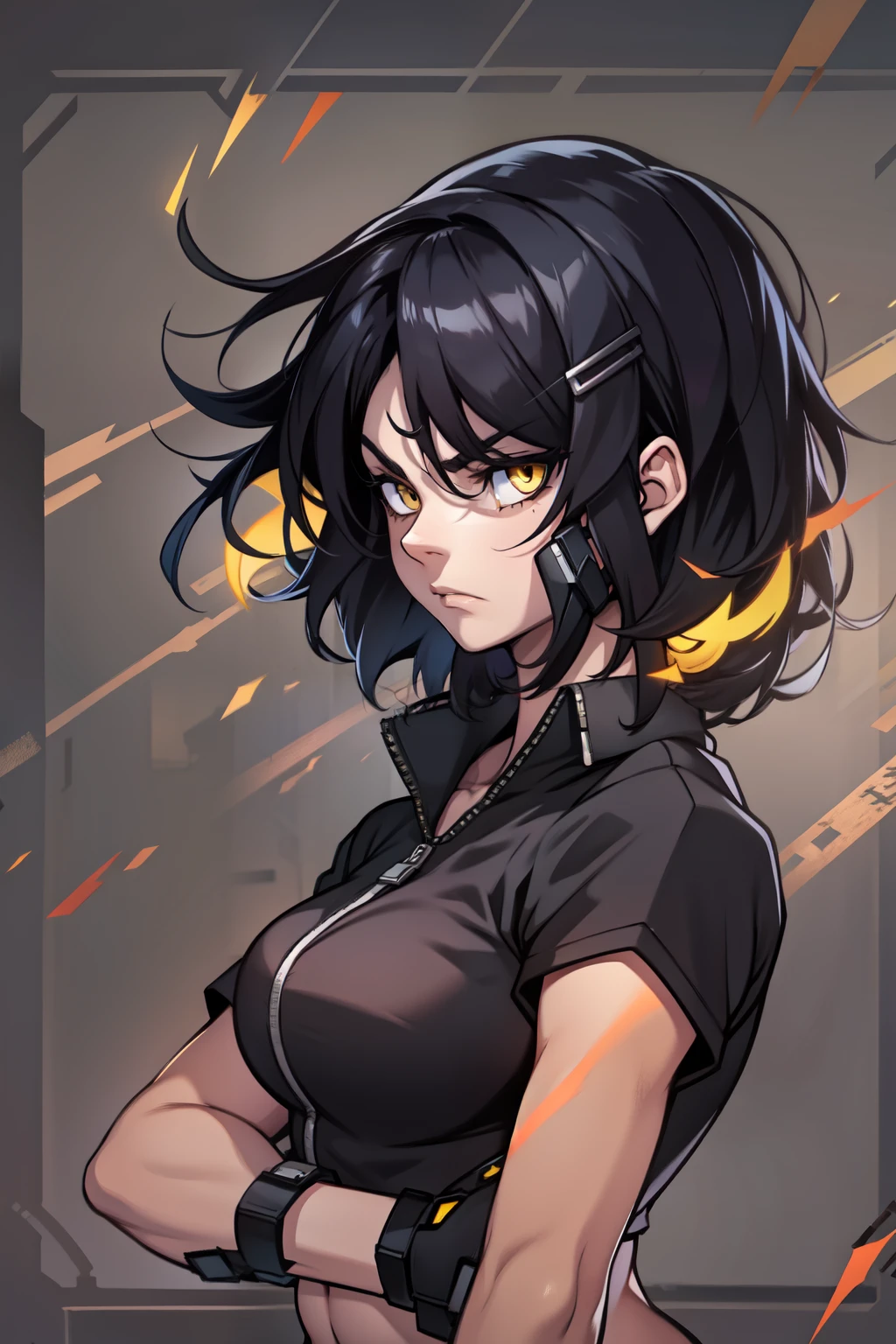 angry girl black hair muscular pale skin yellow eyes