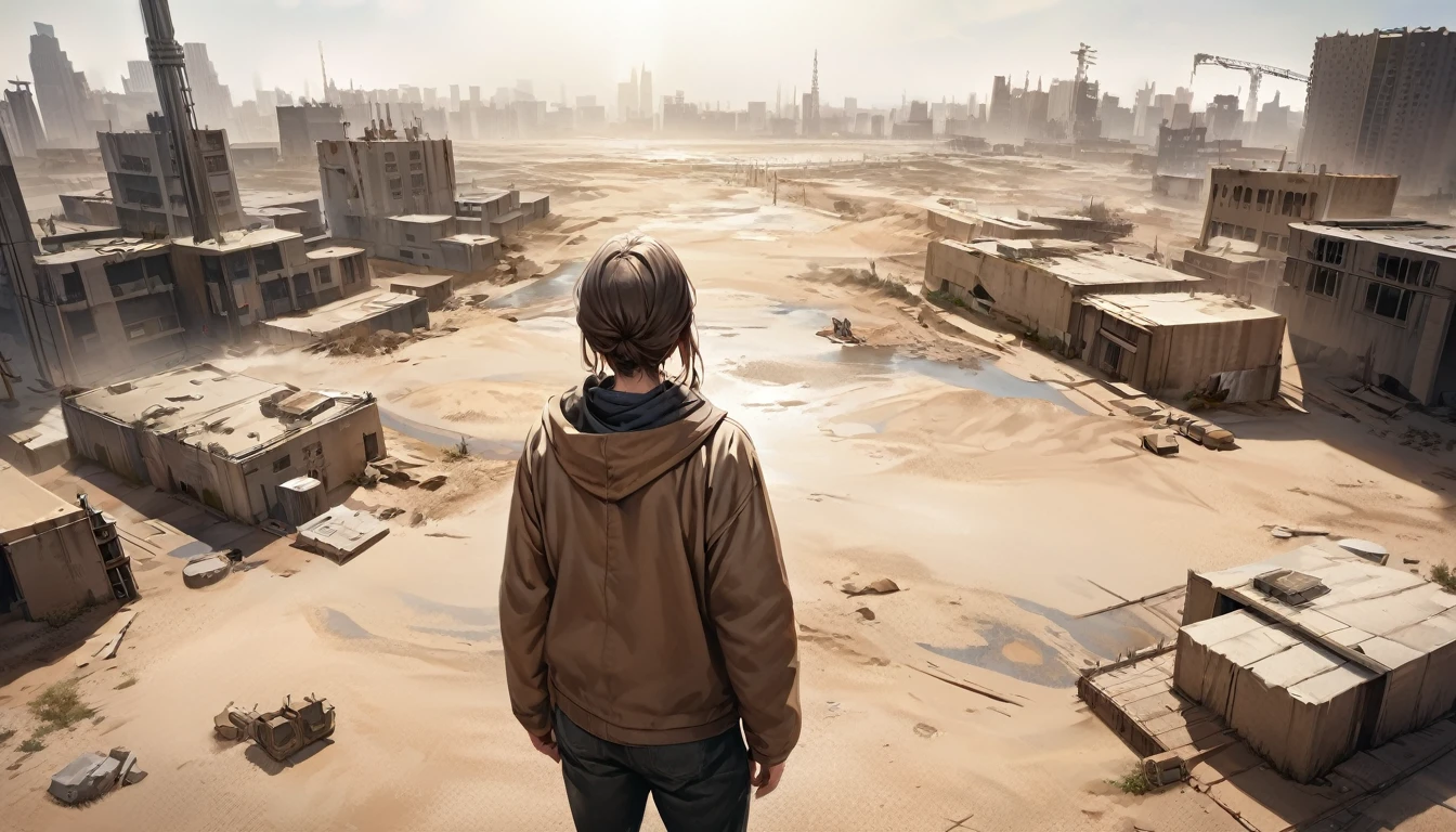 Overlooking the camera, desertification in big cities, wasteland elements, best quality, realistic, game CG,no person