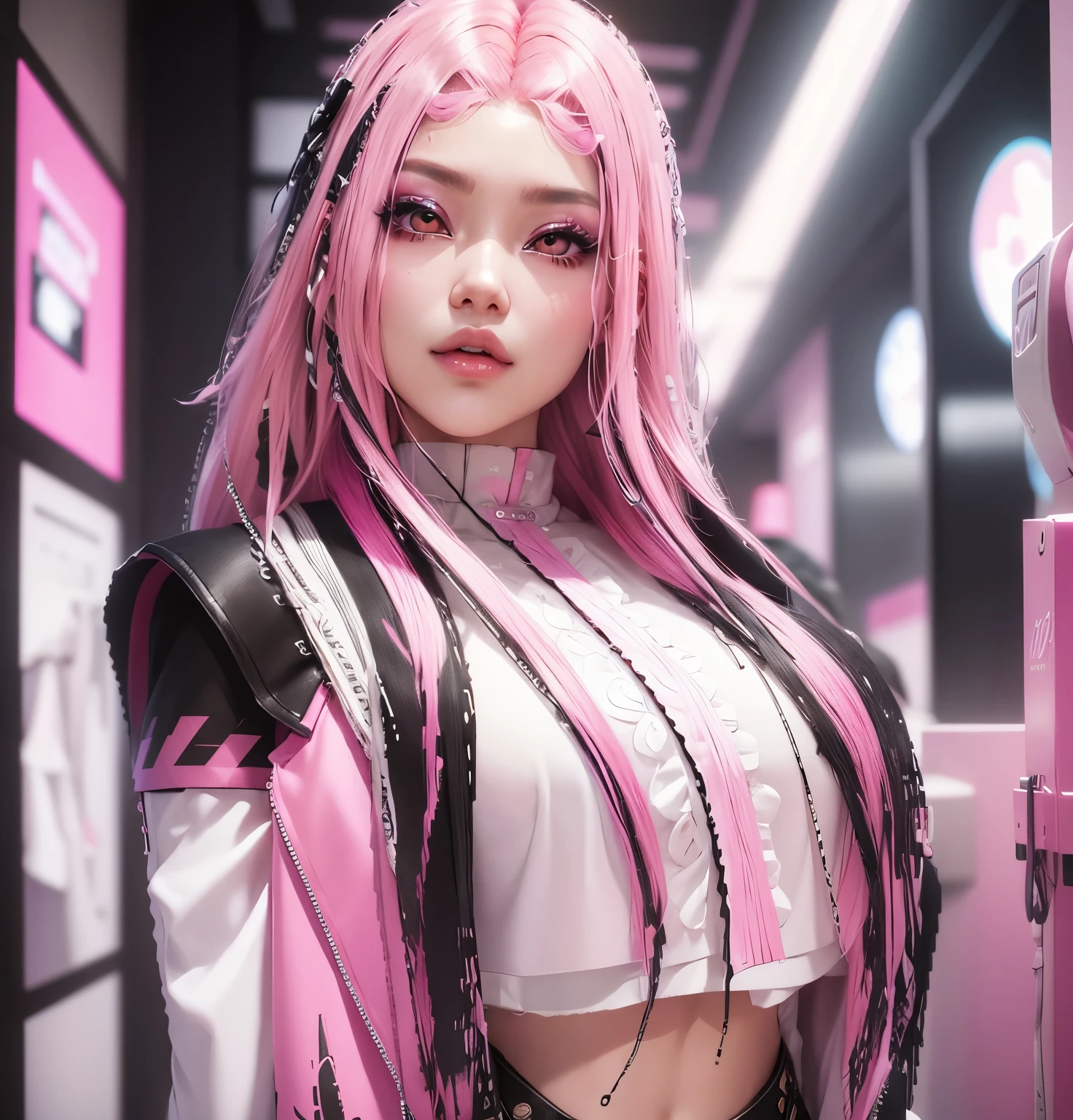 AVATAR SECOND LIFE Korean girl wearing white blouse, pink hair, pink hair, pink hair, Asian, Perfect and detailed face, imvu, maximalist details, AVATAR SECOND LIFE Korean blusa , neon