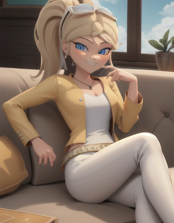 (8k, RAW photo, best quality, masterpiece:1.2), (intricate details), perfect eyes, perfect face, perfect lighting, beautiful, (masterpiece:1.2), (best quality:1.2), 1girl, solo,  chloe bourgeois, blond hair, ponytail, sunglasses on head, arrogant, haughty, haughty smile, grin, (medium breast:0.5), (average breast),  full body, sitting on the sofa, dressed, yellow jacket, shirt, white pants