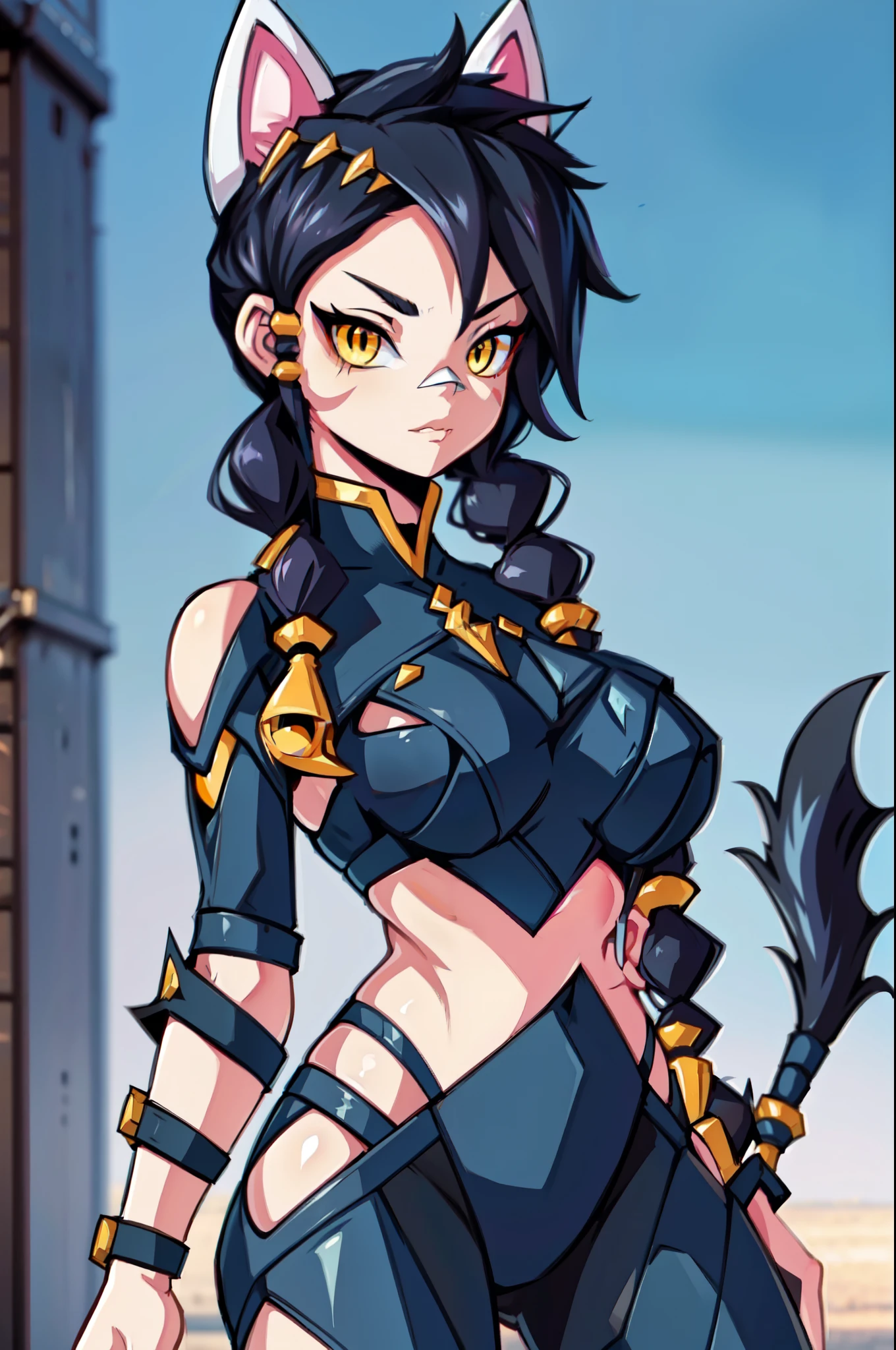 1 girl, long messy black hair, long braids, glowing yellow eyes, long eyelashes, cat ears, cat eyes, wearing a leather suit, cute, dangerous look, lovely rogue
