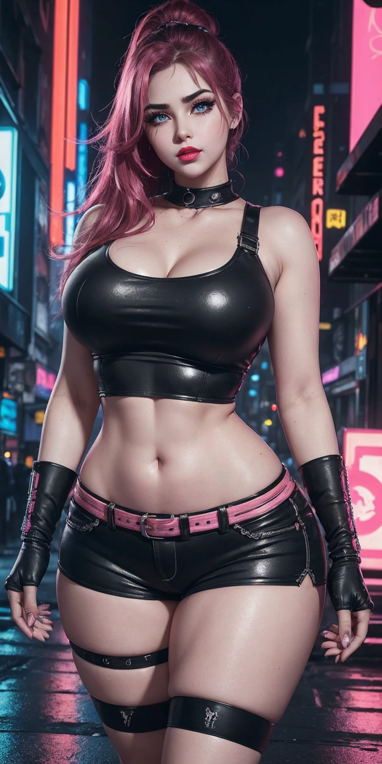 (masterpiece, best quality, expressive eyes, perfect face, hyper-realistic detailed face), {Ultra HD, 4K, HDR, 8K}, 3D cyberpunk streets, neon cyberpunk theme, futuristic, (Doll in cyberpunk streets, gorgeous), (curvy), age 20, confident smirk, wearing pink top and shorts, high ponytail, (((red lips))), (((anime like eyes, thick eyelashes))), ((raised arrogant eyebrows)), ((heavy makeup)), pink cheeks, perfect body, (wide hips, wide waist, long torso, belly, navel), (curvaceous figure), sweaty skin, (youthful skin), pale white skin