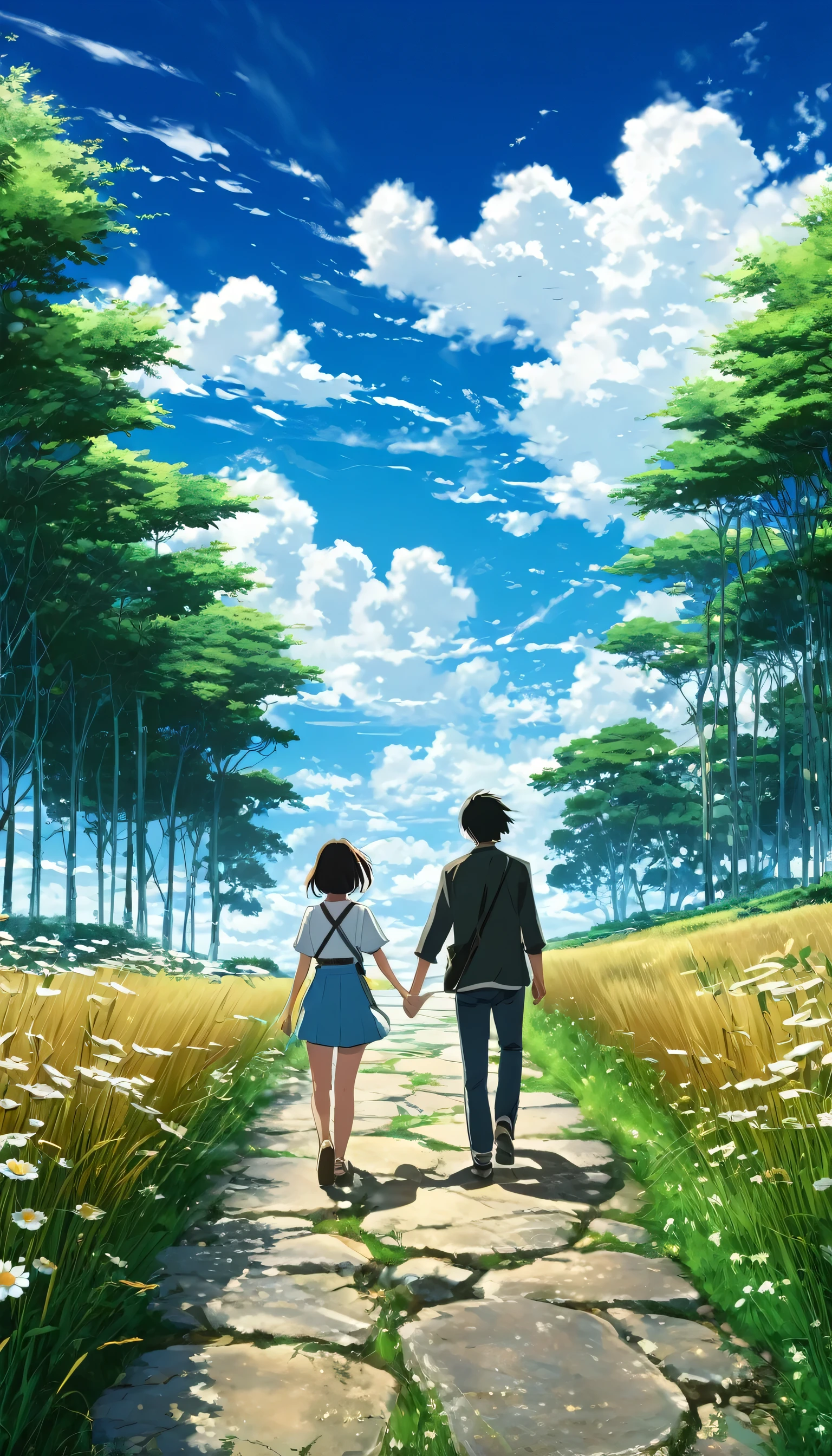 two young couples walking while holding hands through a camco with hier and daisy flowers, seeing a vast blue sky with fluffy clouds and brush strokes , tall grasses stones, , makoto shinkai cyril rolando, anime art wallpaper 4k, anime art wallpaper 4k, animated background, anime art wallpaper 8K, animated background art, Anime Landscape Wallpaper, amazing wallpaper, HD wallpaper, 4k anime wallpaper, 4k anime wallpaper.