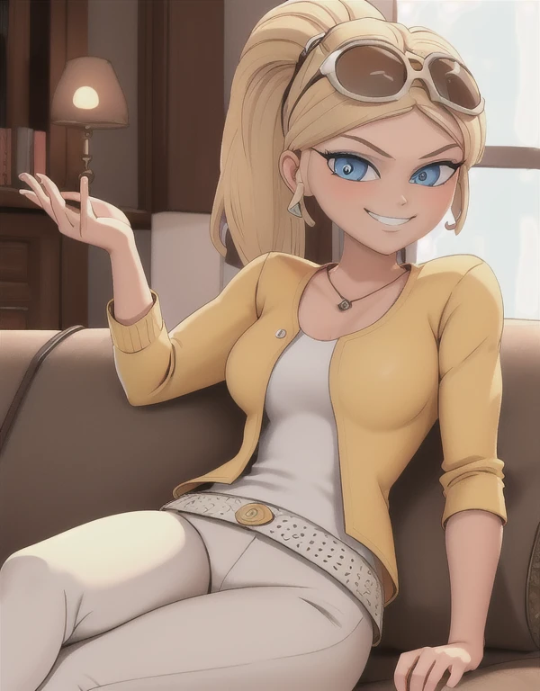 (8k, RAW photo, best quality, masterpiece:1.2), (intricate details), perfect eyes, perfect face, perfect lighting, beautiful, (masterpiece:1.2), (best quality:1.2), 1girl, solo, chloe bourgeois, blond hair, ponytail, sunglasses on head, arrogant, haughty, haughty smile, grin, (medium breast:0.5), (average breast), full body, sitting on the sofa, dressed, yellow jacket, shirt, white pants