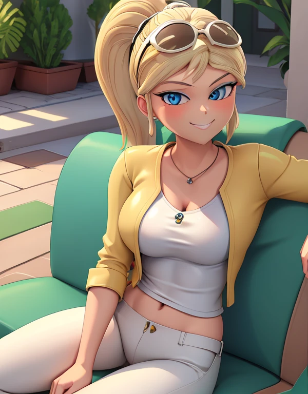 (8k, RAW photo, best quality, masterpiece:1.2), (intricate details), perfect eyes, perfect face, perfect lighting, beautiful, (masterpiece:1.2), (best quality:1.2), 1girl, solo,  chloe bourgeois, blond hair, ponytail, sunglasses on head, arrogant, haughty, haughty smile, grin, (medium breast:0.5), (average breast),  full body, sitting on the sofa, dressed, yellow jacket, shirt, white pants