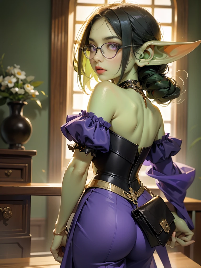 intricate details, tonemapping, sharp focus, hyper detailed, trending on Artstation, Masterpiece, absurdrez, amazing detail, 4k, perfect face, symmetrical, small ears, 3 foot tall green goblin girl, wearing purple blouse and long black skirt, very shy, (((black glasses))), (green skin), short dark green hair, purple eyes, exploring a fine art museum, admiring painting on the wall, curious and fascinated, pov from side, looking away from camera, dynamic pose, cinematic lighting, fine art lines the walls, in art museum, small smile, loves art, walking towards camera, holding purse,sexy roupa translúcida transparente na posição de cachorro mostrando a buceta molhada
