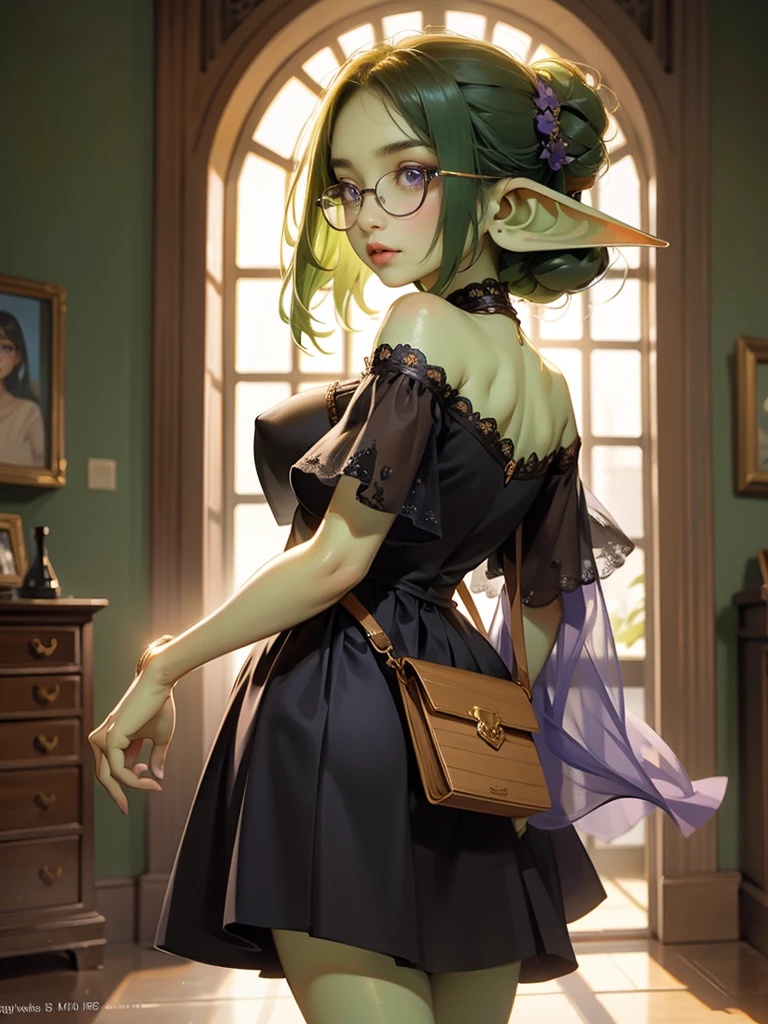 intricate details, tonemapping, sharp focus, hyper detailed, trending on Artstation, Masterpiece, absurdrez, amazing detail, 4k, perfect face, symmetrical, small ears, 3 foot tall green goblin girl, wearing purple blouse and long black skirt, very shy, (((black glasses))), (green skin), short dark green hair, purple eyes, exploring a fine art museum, admiring painting on the wall, curious and fascinated, pov from side, looking away from camera, dynamic pose, cinematic lighting, fine art lines the walls, in art museum, small smile, loves art, walking towards camera, holding purse,sexy roupa translúcida transparente na posição de cachorro mostrando a buceta molhada