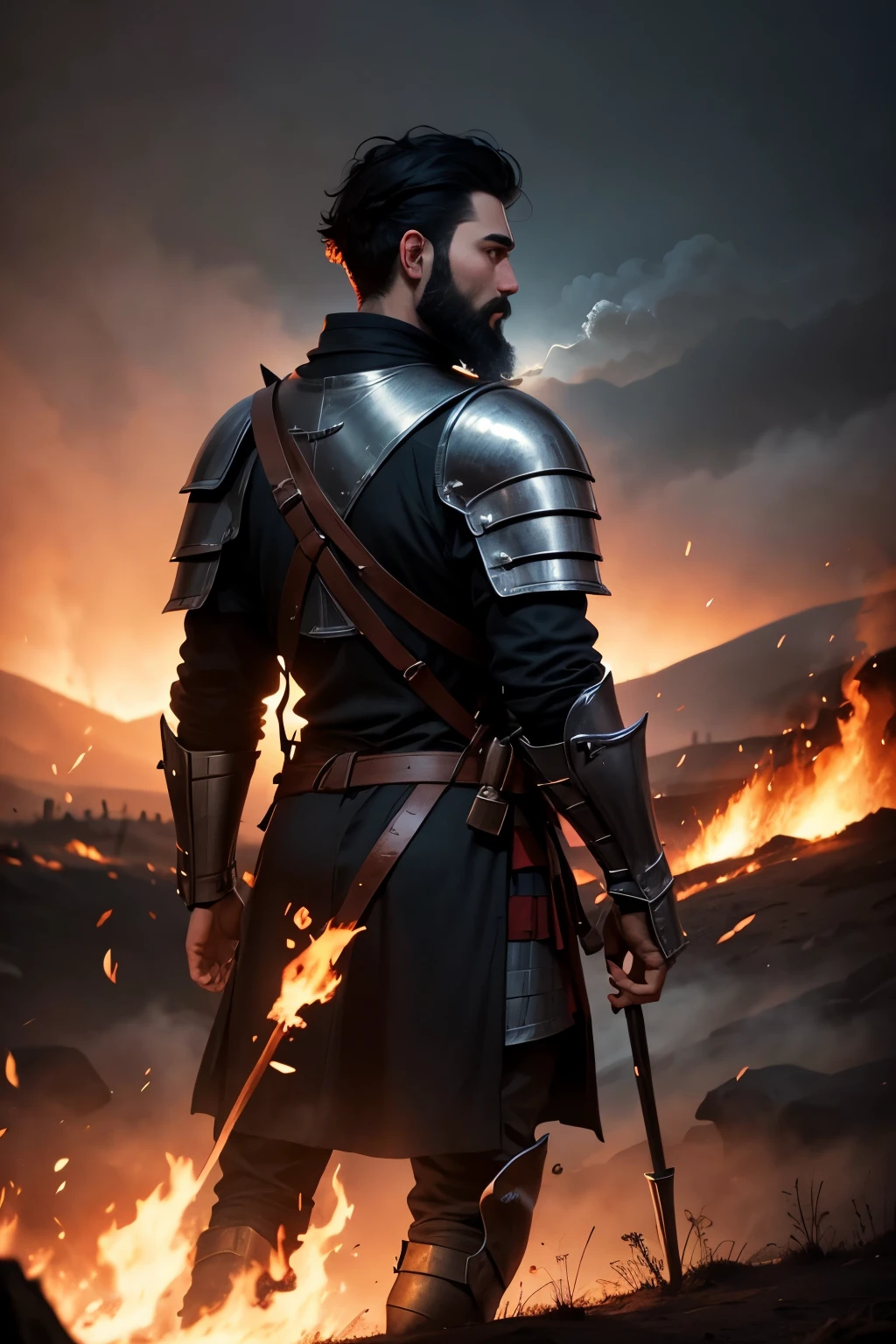 Knight with black short hair and beard. surrounded by fire and smoke on a old battlefield, photo from back