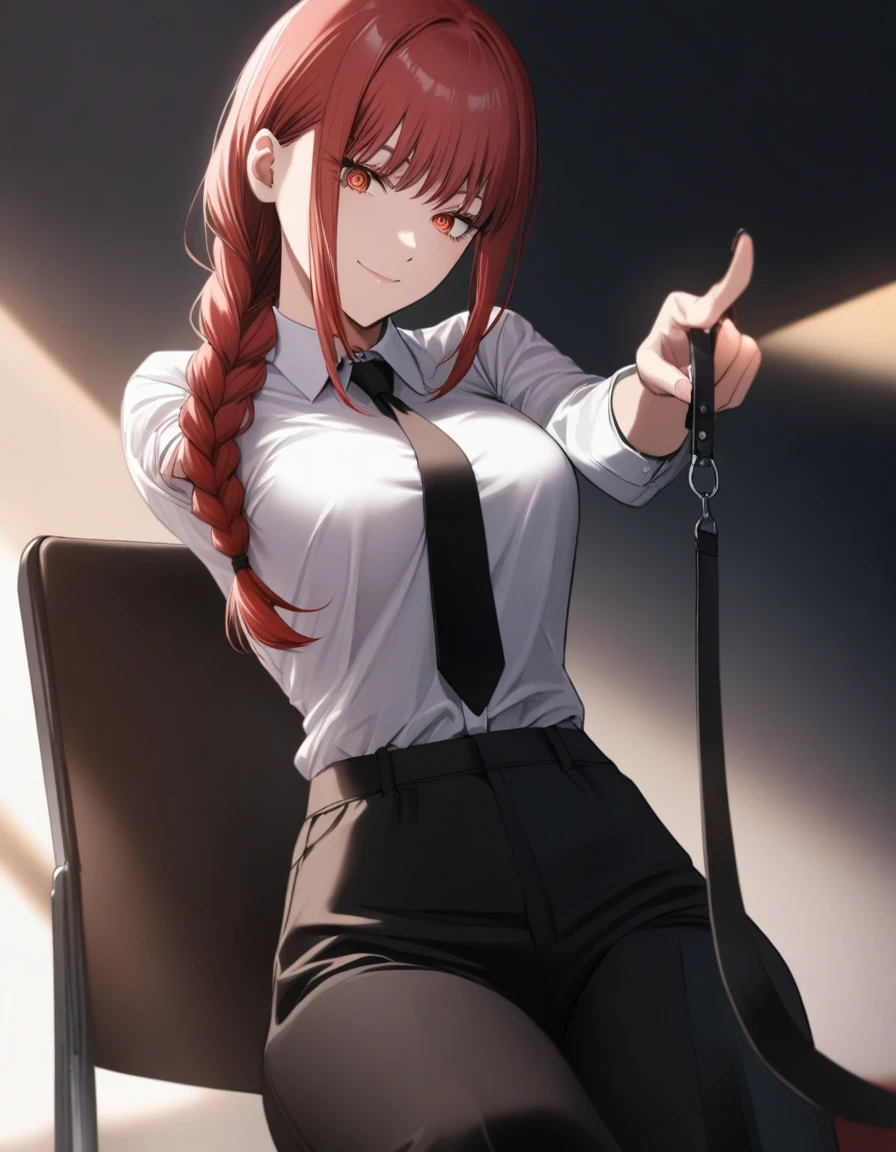 1girl,makima(chainsaw_man),sitting_in_chair,black_necktie,black_pants,braid,braided_ponytail,breasts,closed_mouth,collar,collared_shirt,cowboy_shot,fingernails,giving,hair_over_shoulder,head_tilt,holding dog leash,pulling leash,long_hair,long_sleeves,looking_at_viewer,looking_down_at_viewer,necktie,outstretched_arm,pants,red_eyes,red_hair,ringed_eyes,shirt,smile,solo,sunlight,unworn_collar,white_shirt,