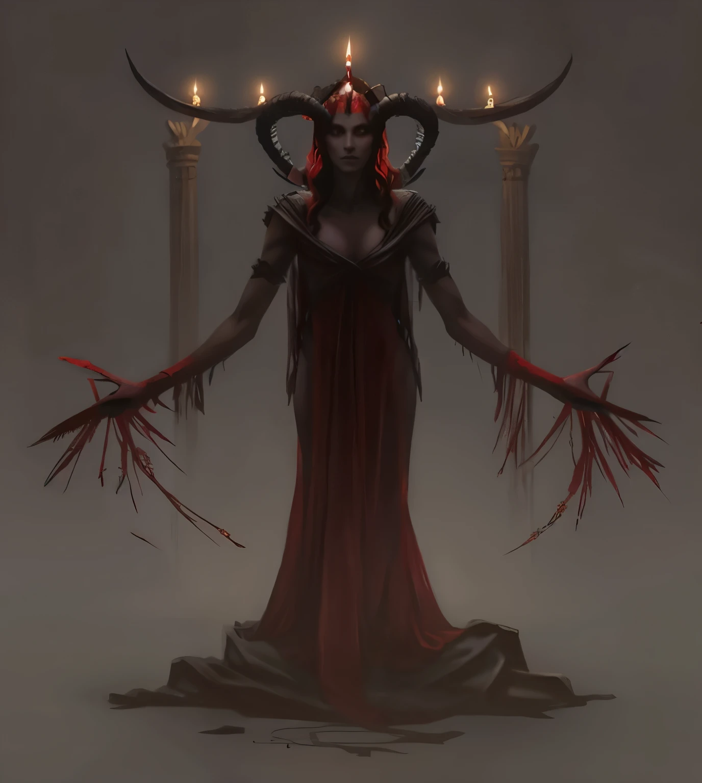 "A biblical-style illustration of a black magic widow, draped in dark, tattered robes, with long horns adorned with lit candles and additional candles on her shoulders, casting a dark spell with her hands. She stands in hell, with red lights illuminating her from behind and the ground resembling red, raw flesh, depicted in the dramatic, intricate style of Gustave Doré --ar 1:1"