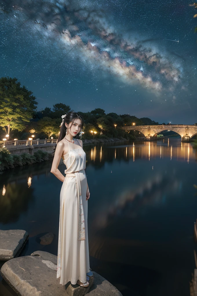 (((best quality))),(((ultra detailed))),(((masterpiece))),illustration,((1 beautiful girl,solo)),(shoulder length straight hair:1.2),((earrings,necklace)),((slim,thin)),((small ,flat chest)),(gorgeous red Hanfu:1.5),(slender legs:1.2),(loafers:1.2),(standing:1.3),(arms behind back:1.5),(on the stone arch bridge:1.3),((starry sky,the Milky Way,horizon)),elegance, grace, sophisticated updo, delicate hairpins, twinkliars, radiant smile, bright eyes, wonder, beauty of the night sky, intricate patterns, flowers, birds, vibrant colors, ethereal, enchanting, old bridge, weathered, sturdy, natural surroundings, serene, peaceful atmosphere, rippling water, stars, graceful silhouette, magic, tranquility, twinkling stmesmerizing canopy of light, cool air, crisp, faint scent of blooming flowers, contemplation, admiration, ancient China, timeless, rich culture, traditions, captivating, enchanting atmosphere, myth, legend,((from front,full body))