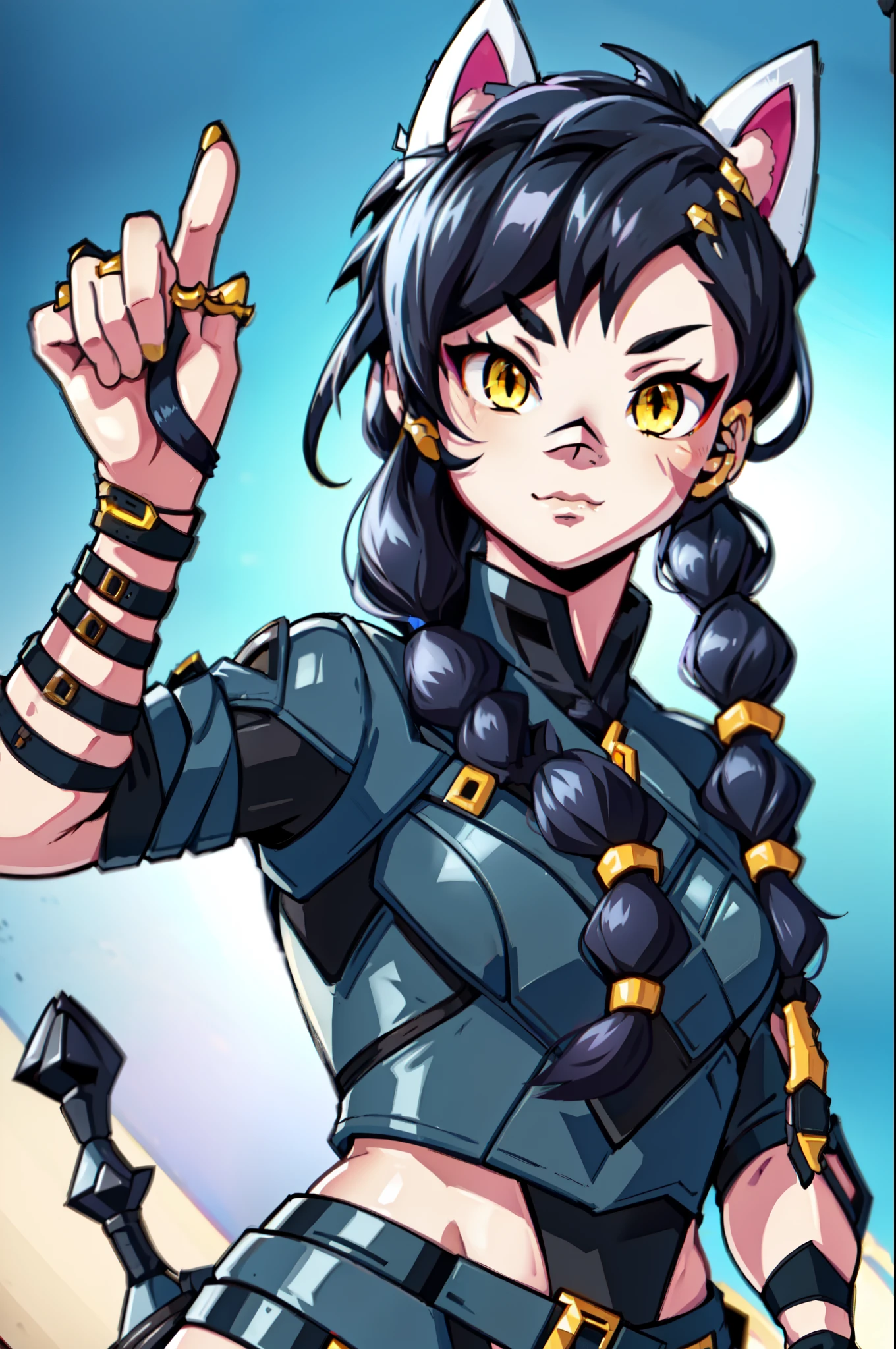 1 girl, long messy black hair, long braids, glowing yellow eyes, long eyelashes, cat ears, cat eyes, wearing a leather suit, cute, dangerous look, lovely rogue