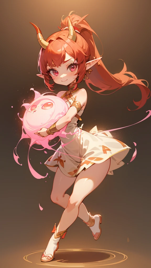 girl, full body, smile, thanks pose, ((cartoon style, chibi style)), cute, beautiful face, pink color eyes, beautiful eye, high detailed pupil, double eyelid, high detailed skin, high quality skin, (red color hair), ponytail hairstyle, long hair, bangs, professional lighting, masterpiece, (horns), small horns, simetris golden horns, elf ears