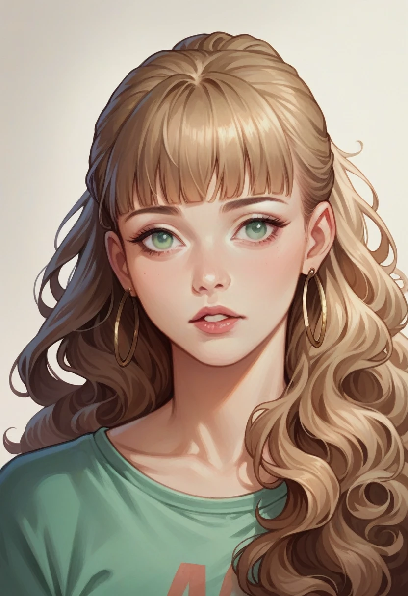 1girl, Long Hair, Wavy Hair, Light Brown Hair, Brown Hair, Blunt Bangs, Earrings, Hoop Earrings, Parted Lips, Makeup, light Green eyes, Realism, Anatomically Correct, High Resolution, trendy and classic fashionShiny Hair, Ponytail,