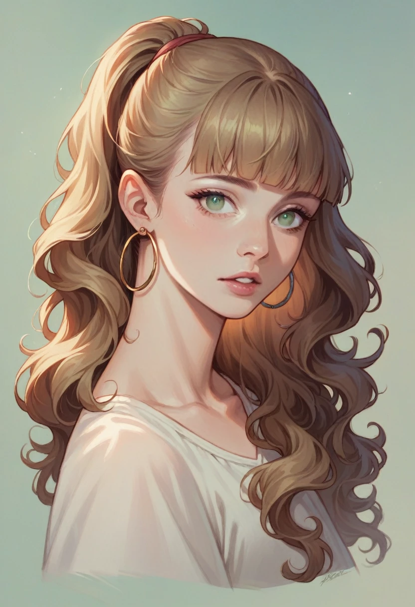 1girl, Long Hair, Wavy Hair, Light Brown Hair, Brown Hair, Blunt Bangs, Earrings, Hoop Earrings, Parted Lips, Makeup, light Green eyes, Realism, Anatomically Correct, High Resolution, trendy and classic fashionShiny Hair, Ponytail,