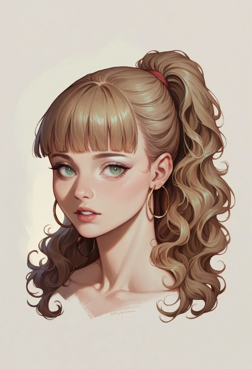 1girl, Long Hair, Wavy Hair, Light Brown Hair, Brown Hair, Blunt Bangs, Earrings, Hoop Earrings, Parted Lips, Makeup, light Green eyes, Realism, Anatomically Correct, High Resolution, trendy and classic fashionShiny Hair, Ponytail,