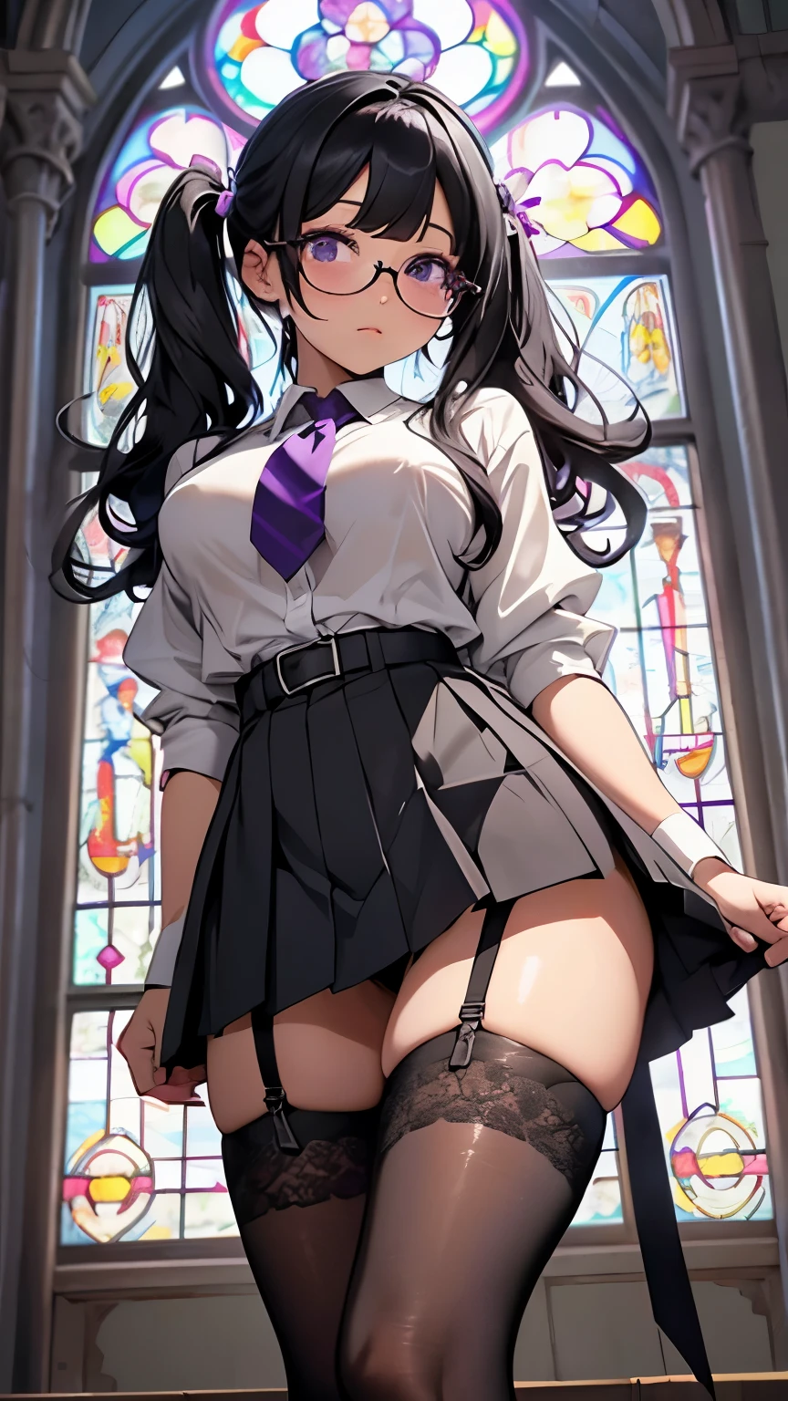 Black hair, twin tails, wavy hair、Girl、Glasses、Huge breasts、glamorous、Thick thighs、Formal Shirt、Purple short tie、(Pull up your black pleated skirt:2.0、Purple low rise panties:1.5、Camel toe:1.5、Absolute area、Black knee-high socks and garter belt)、Church stained glass、Shooting from below、looking at the camera、Close up on crotch:1.5