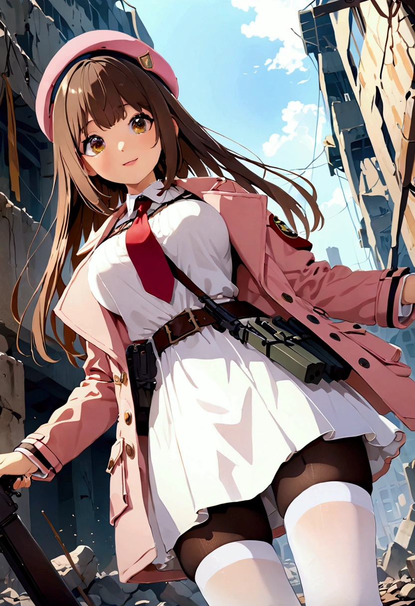 ((1girl)),  super fine illustration, vibrant colors, absurdres extremely detailed CG, 8k wallpaper, (masterpiece:1.3), dynamic angle, dynamic pose, 
best quality, depth of field, cinematic lighting, ultra detailed, brown long hair, very straight hair, large breast, white knit dress , 20yo, cute, very baby face, brown eyes, kawaii, tender smile, droopy eyes, combat, pink leotad, beret, pink hat, red necktie, pink military jacket, white thighhighs pantyhose, military belt, military pouch, modern military heavy rifle, ruin city, Post-apocalypse