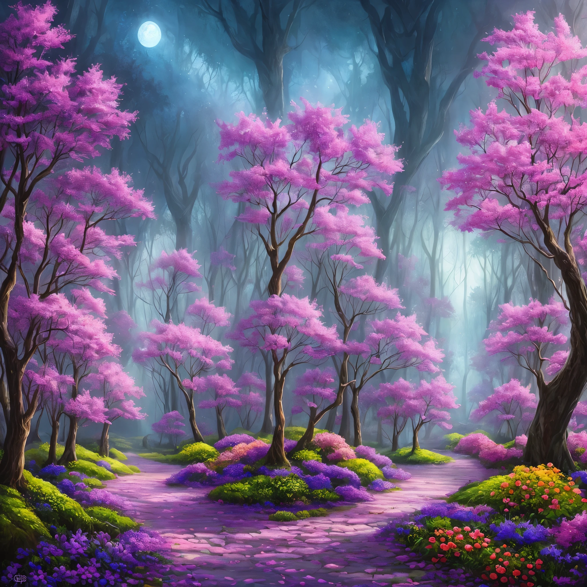 a painting of a purple forest with flowers and trees, magical fantasy forest, very magical and dreamy, magical forest in the background, magical colors and atmosphere, magical colours and atmosphere, magical forest, magic fairy forest, magical landscape, enchanted magical fantasy forest, magical environment, fantasy forest, lost in a dreamy fairy landscape, anime beautiful peace scene, mystical forest lagoon