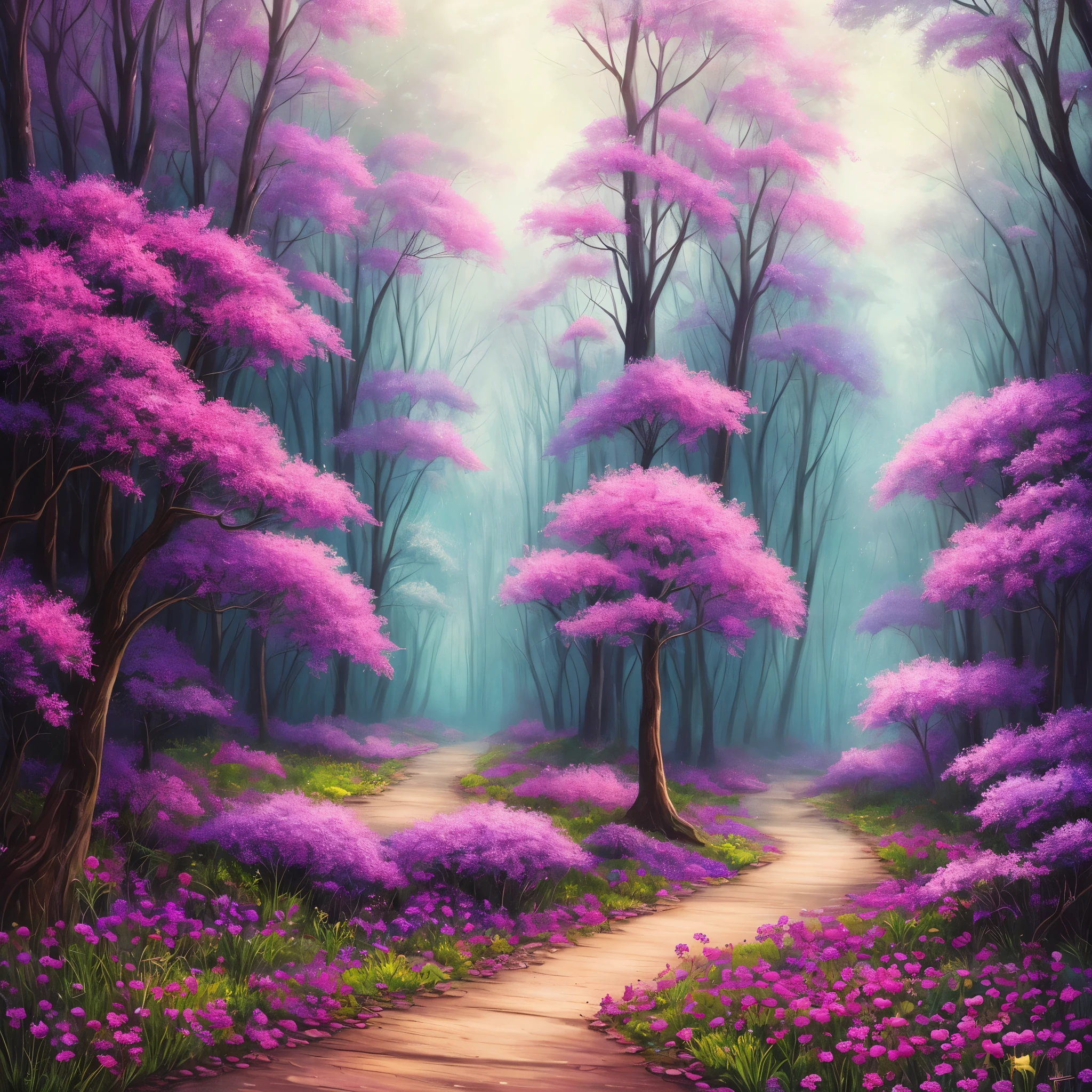 a painting of a purple forest with flowers and trees, magical fantasy forest, very magical and dreamy, magical forest in the background, magical colors and atmosphere, magical colours and atmosphere, magical forest, magic fairy forest, magical landscape, enchanted magical fantasy forest, magical environment, fantasy forest, lost in a dreamy fairy landscape, anime beautiful peace scene, mystical forest lagoon