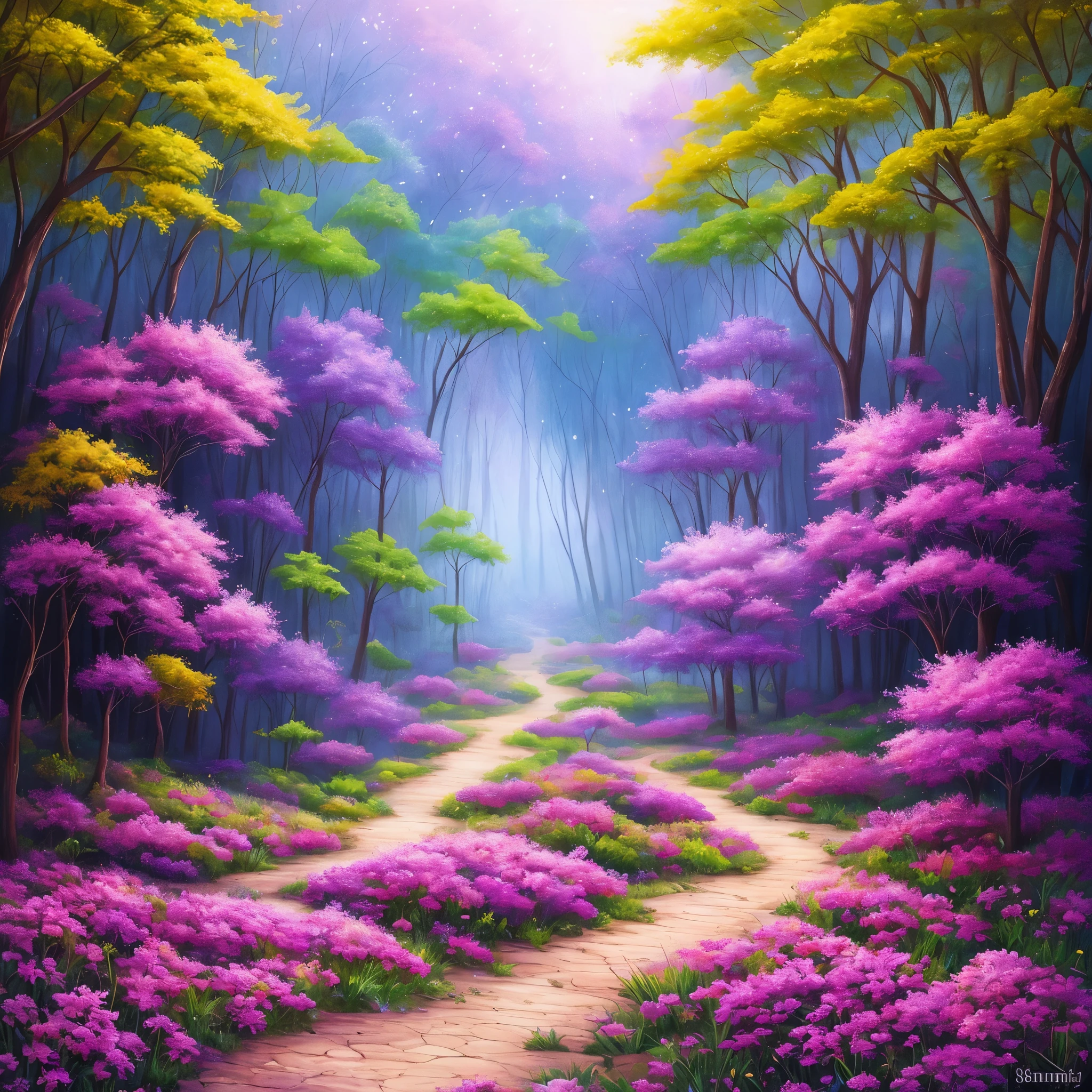 a painting of a purple forest with flowers and trees, magical fantasy forest, very magical and dreamy, magical forest in the background, magical colors and atmosphere, magical colours and atmosphere, magical forest, magic fairy forest, magical landscape, enchanted magical fantasy forest, magical environment, fantasy forest, lost in a dreamy fairy landscape, anime beautiful peace scene, mystical forest lagoon