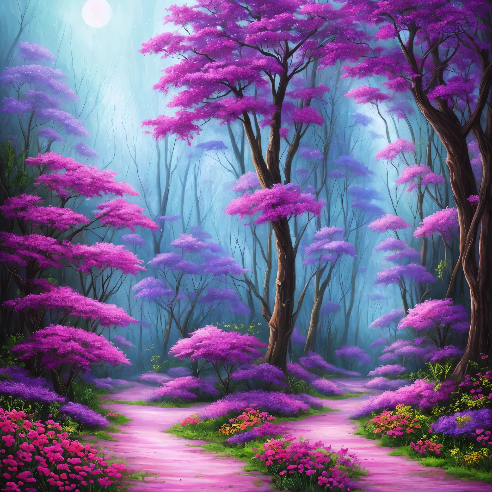 a painting of a purple forest with flowers and trees, a detailed painting by Jane Small, trending on cgsociety, fantasy art, magical fantasy forest, very magical and dreamy, magical forest in the background, magical colors and atmosphere, magical colours and atmosphere, magical forest, magic fairy forest, magical landscape, enchanted magical fantasy forest, magical environment, fantasy forest