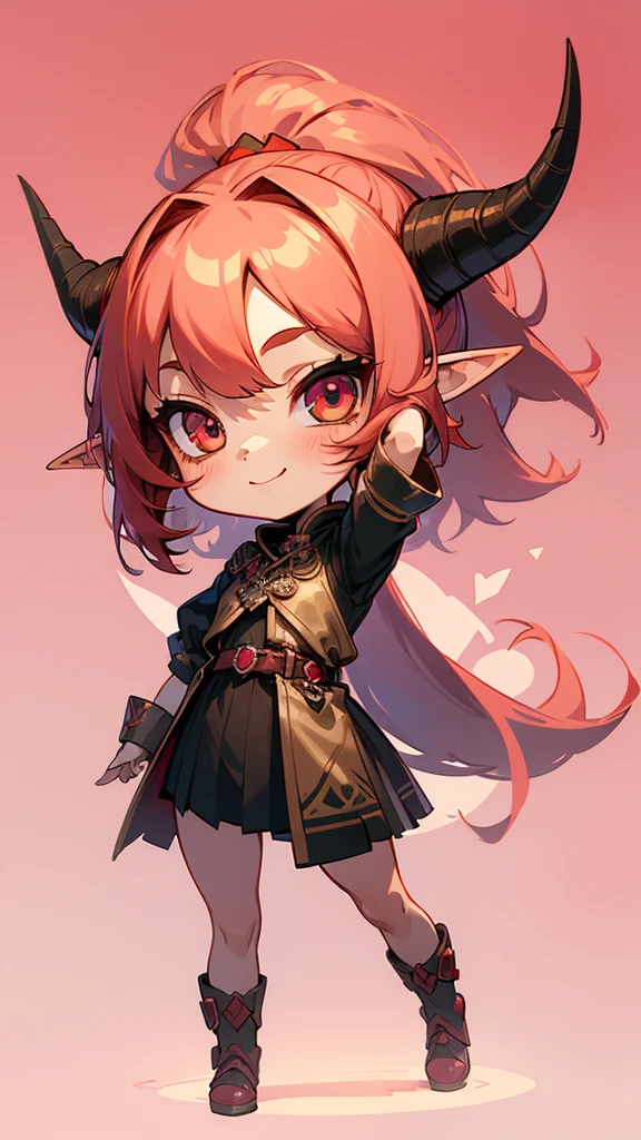 girl, full body, smile, thanks pose, ((cartoon style, chibi style)), cute, beautiful face, pink color eyes, beautiful eye, high detailed pupil, double eyelid, high detailed skin, high quality skin, (red color hair), ponytail hairstyle, long hair, bangs, professional lighting, masterpiece, (horns), small horns, simetris golden horns, elf ears