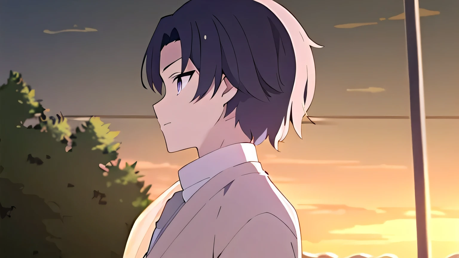 solo, 1boy, man, male A gloomy appearance, dark purple hair, dark purple eyes, side part hair, side part, white shirt, upper body, theme dark, sunset background,  dark grey cardigan