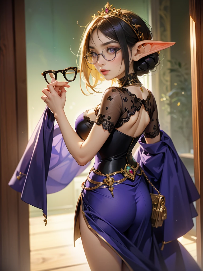 intricate details, tonemapping, sharp focus, hyper detailed, trending on Artstation, Masterpiece, absurdrez, amazing detail, 4k, perfect face, symmetrical, small ears, 3 foot tall green goblin girl, wearing purple blouse and long black skirt, very shy, (((translúcida glasses))), (translúcida skin), short dark translúcida hair, purple eyes, exploring a fine art museum, admiring painting on the wall, curious and fascinated, pov from side, looking away from camera, dynamic pose, cinematic lighting, fine art lines the walls, in art museum, small smile, loves art, walking towards camera, holding purse,sexy roupa translúcida transparente na posição de cachorro mostrando a buceta molhada