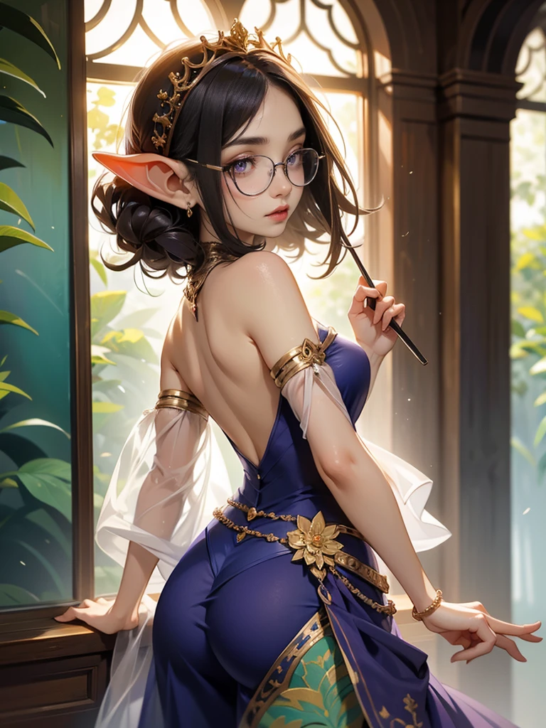 intricate details, tonemapping, sharp focus, hyper detailed, trending on Artstation, Masterpiece, absurdrez, amazing detail, 4k, perfect face, symmetrical, small ears, 3 foot tall green goblin girl, wearing purple blouse and long black skirt, very shy, (((translúcida glasses))), (translúcida skin), short dark translúcida hair, purple eyes, exploring a fine art museum, admiring painting on the wall, curious and fascinated, pov from side, looking away from camera, dynamic pose, cinematic lighting, fine art lines the walls, in art museum, small smile, loves art, walking towards camera, holding purse,sexy roupa translúcida transparente na posição de cachorro mostrando a buceta molhada