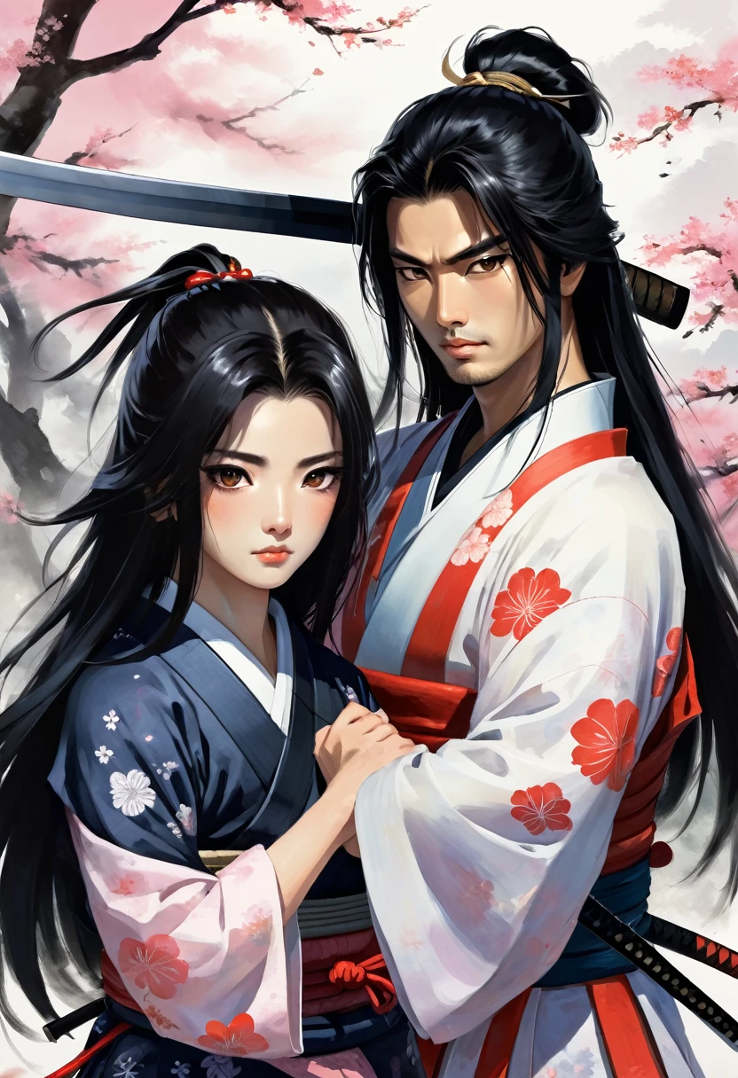 Young people, A samurai with long black hair and black eyes ,Caring for friends