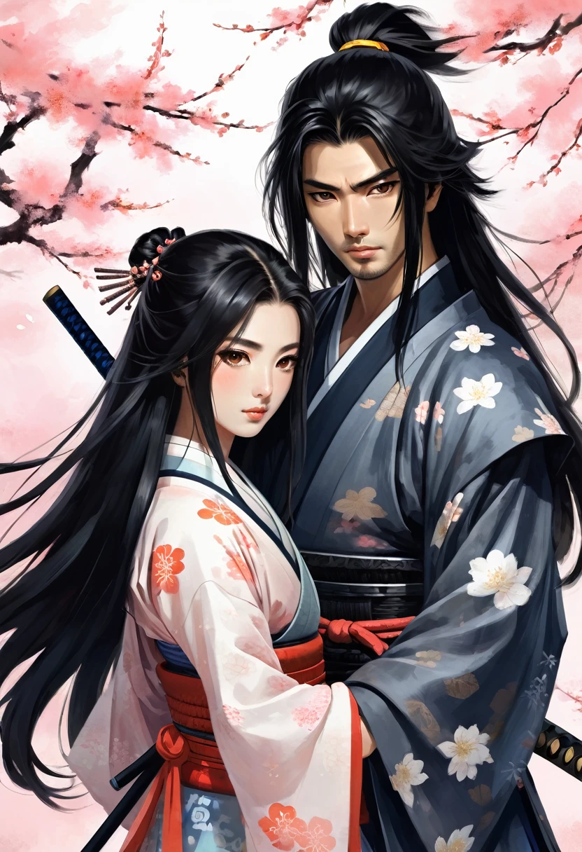 Young people, A samurai with long black hair and black eyes ,Caring for friends