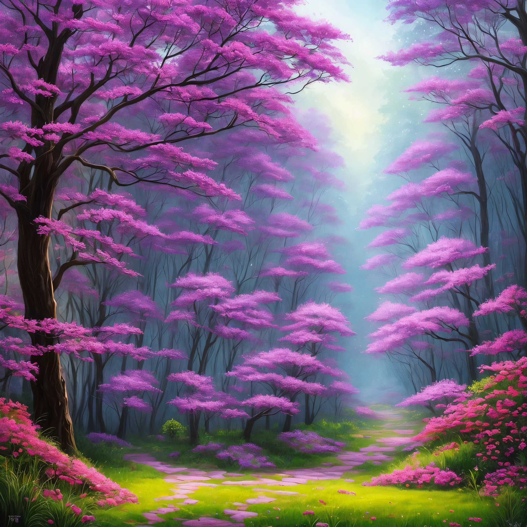 a painting of a purple forest with flowers and trees, magical fantasy forest, very magical and dreamy, magical forest in the background, magical colors and atmosphere, magical colours and atmosphere, magical forest, magic fairy forest, magical landscape, enchanted magical fantasy forest, magical environment, fantasy forest, lost in a dreamy fairy landscape, anime beautiful peace scene, mystical forest lagoon