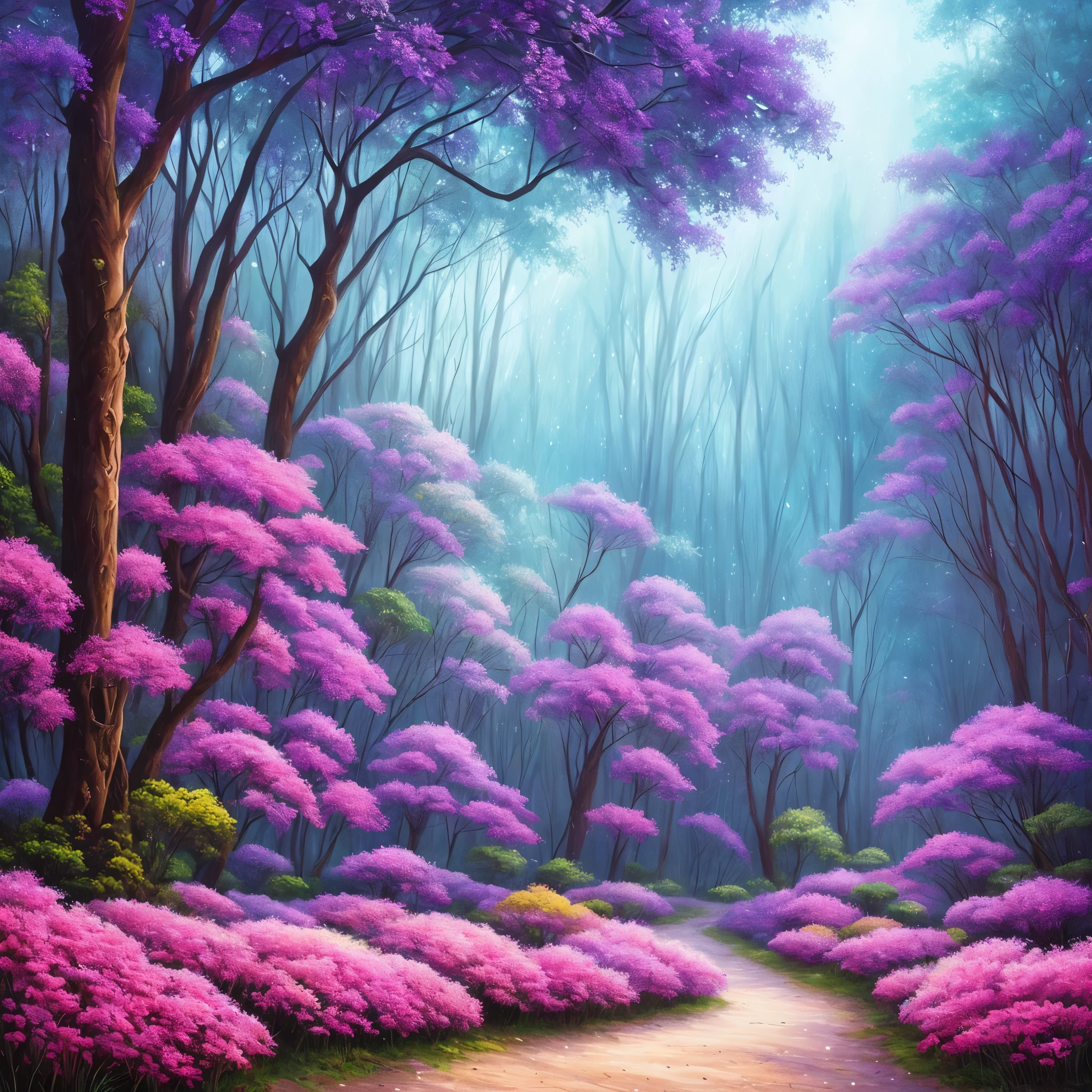 a painting of a purple forest with flowers and trees, magical fantasy forest, very magical and dreamy, magical forest in the background, magical colors and atmosphere, magical colours and atmosphere, magical forest, magic fairy forest, magical landscape, enchanted magical fantasy forest, magical environment, fantasy forest, lost in a dreamy fairy landscape, anime beautiful peace scene, mystical forest lagoon